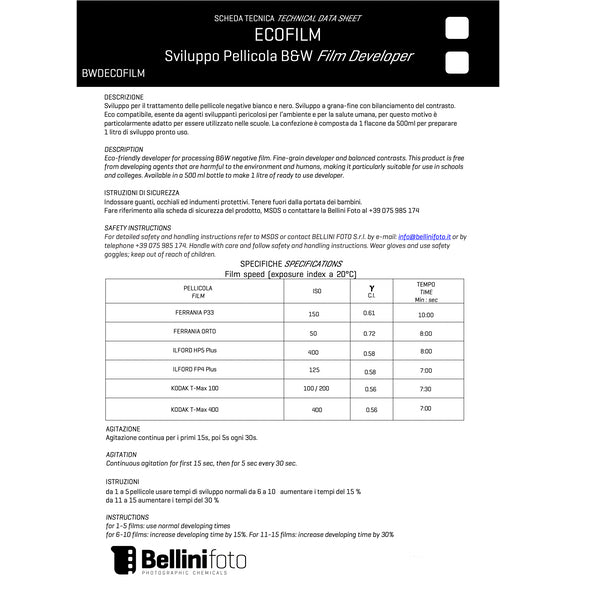 Bellini ECOFILM Sviluppo Pellicola Bianco & Nero (500ml) Bellini ECOFILM Sviluppo Pellicola Bianco & Nero (500ml)